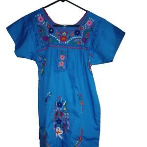 Women's small embroidered colorful blue summer cotton dress
